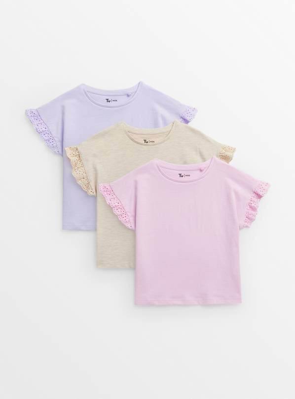 Pastel Broderie Sleeve T-Shirts 3 Pack 1-2 years